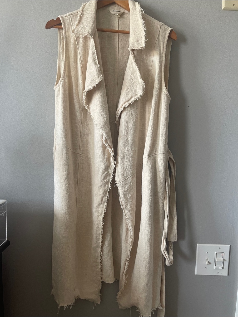 Linen Cotton Sleeveless Frayed Open Front Dress - Cream